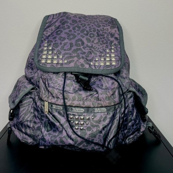 LeSportSac Purple Black Leopard Print Studded Backpack - Picture 1 of 3